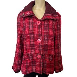 Free People Knit Jacket Coat Women's Large Red Burgundy Wool Blend Plaid Tartan